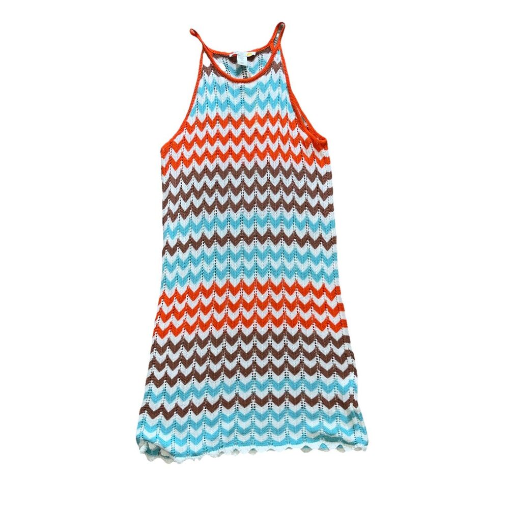 C&C California Dress Multicolor Open Knit Swim Cover Sleeveless Zig Zag Festival